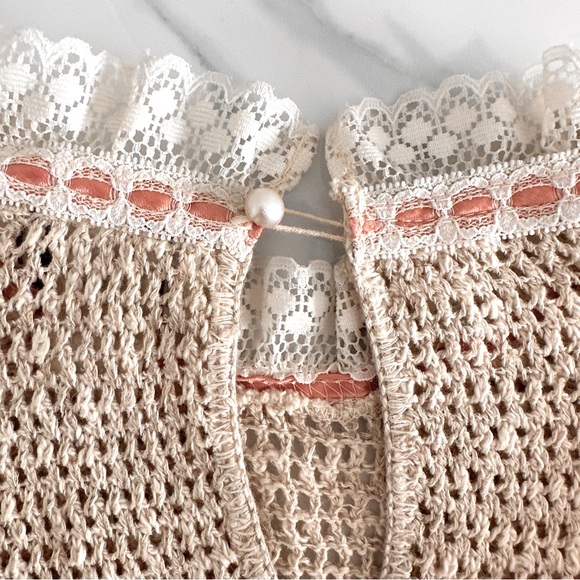 Vintage 70s Cotton Crochet Sweater 10 Lace Ribbon - Picture 4 of 7